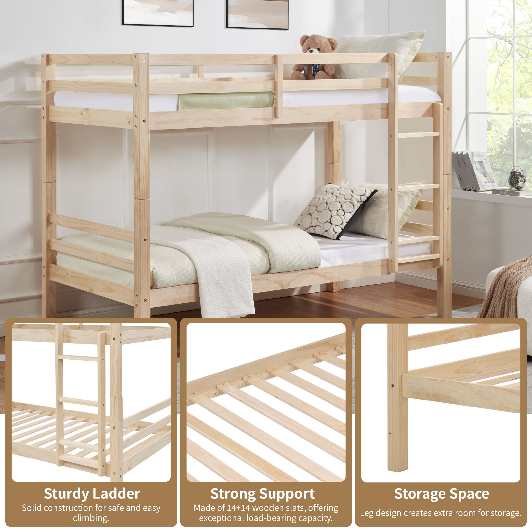 Twin over Twin Bunk Bed with Thick Posts,Wooden Bunk Bed with High Guardrail and Ladder for Kids, Teens, Dorm Rooms, and Guest Rooms,No Box Spring Needed,Natural Twin over Twin Bunk Bed with Thick Posts,Wooden Bunk Bed with High Guardrail and Ladder for Kids, Teens, Dorm Rooms, and Guest Rooms,No Box Spring Needed,Natural